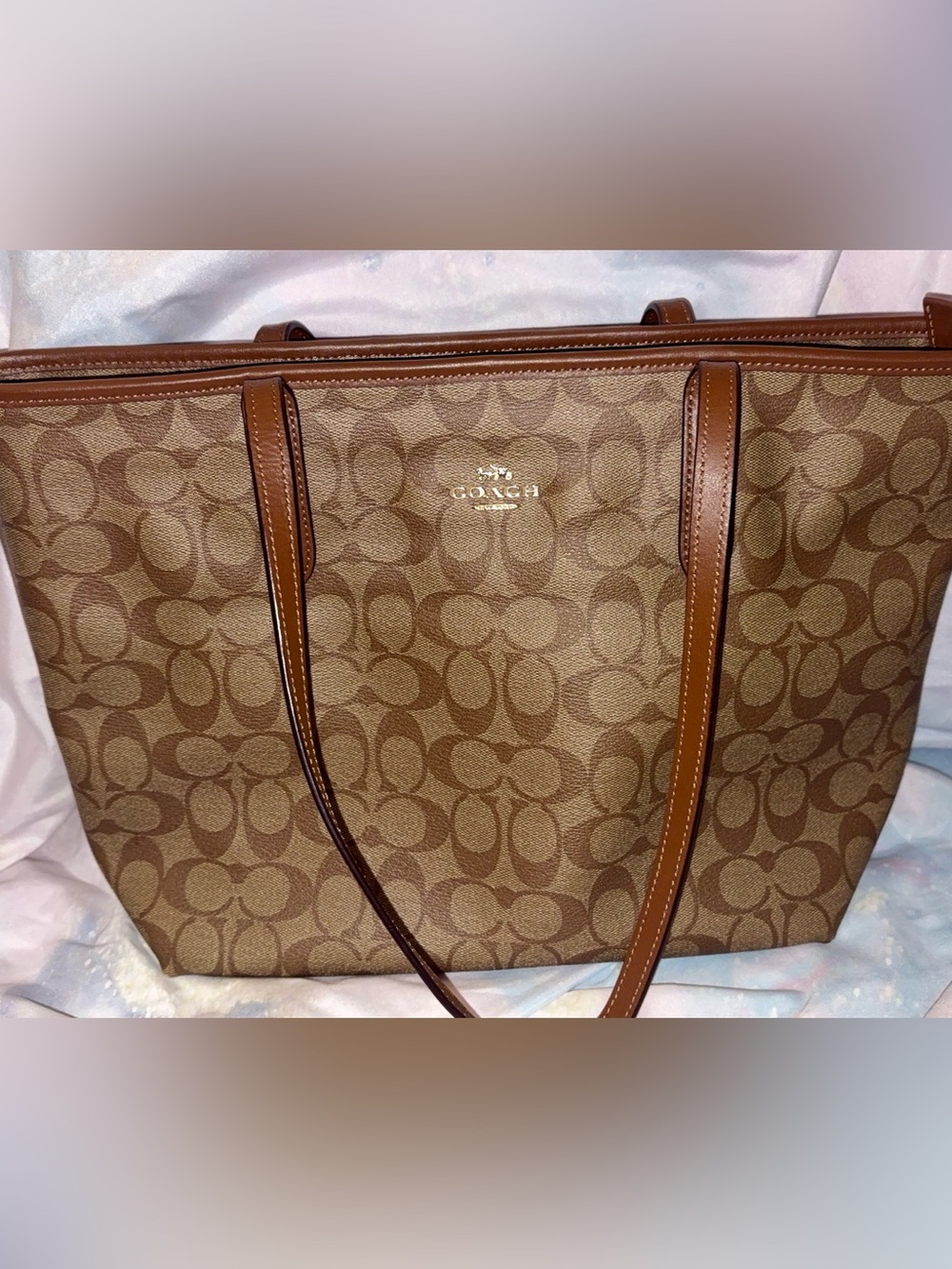 Coach Brown Signature Canvas Tote with Leather Trim